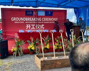 Alex Gilfiley, Director, Yap State Department of Youth and Civil Affairs directing participants at the ceremony for the grounding breaking of the Ganir Bridge. December, 2025