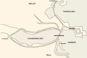 Map detailing location of bridge connecting Colonia to Rull on Yap