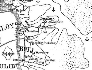 Portion of German Colonial map detailing bridges in and around Colonia, Yap, and including that is now called the Ganir Bridge