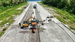 Runway at the airport on Falalop Island, Woleai Atoll in Yap State, Federated States of Micronesia (FSM) being improved and expanded by Chinese workers in November of 2025